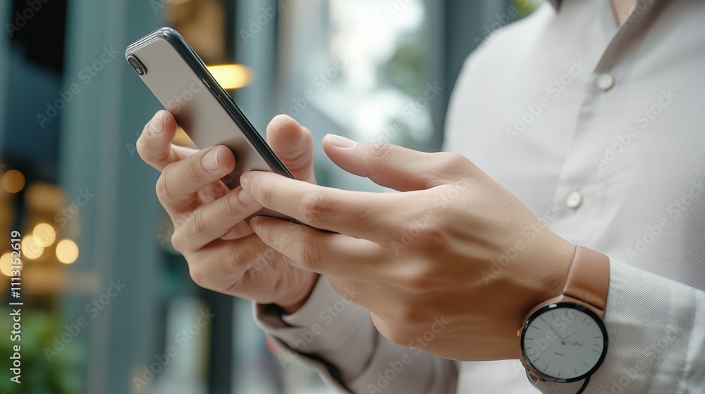 Poster man using smartphone in a cafe while wearing a stylish watch, engaged in a digital activity