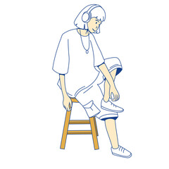 cartoon illustration of a woman using headset with stylish clothes sitting on a wooden bench