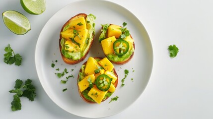 This vibrant dish features slices of toasted bread layered with creamy avocado, fresh mango chunks, and garnished with cilantro and jalapeno. Lime wedges add a zesty touch.
