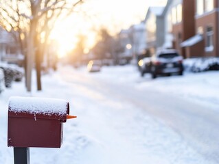 Naklejka premium Snowy suburban street scene with mailbox at sunset.