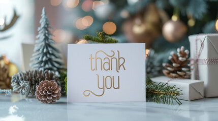 White Thank You note card Christmas image with gold text, blurred background, festive holiday branches, lights, ornaments, cones. Thank You Note Day on December 26th to express gratitude appreciation