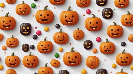 Fototapeta premium A minimalist illustration of a smiling Halloween pumpkin with a glowing face, surrounded by colorful candies in simple geometric shapes. 
