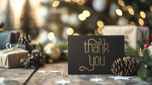 Black Thank You note card Christmas image with gold text, blurred room background of festive holiday decorations with branches, lights, ornaments, cones. Black note card express gratitude appreciation