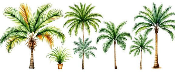 Tropical palm trees collection on white background for nature and design projects
