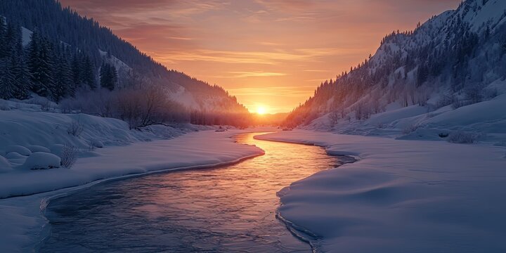 Stunning Winter Sunset over Frozen River in Mountains