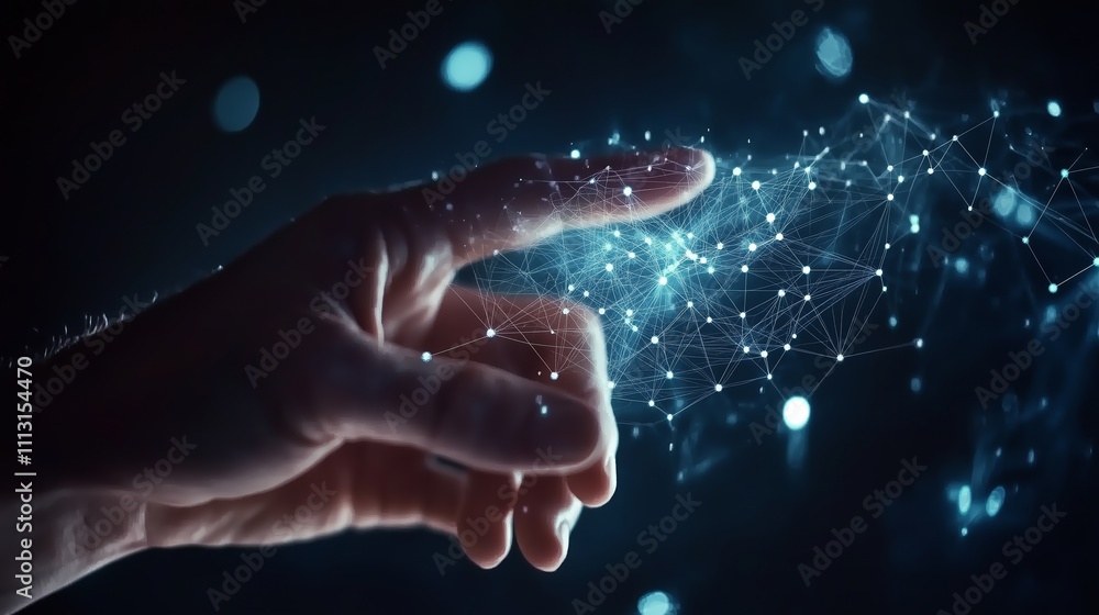 Poster hand reaching out to a digital network representing advanced technology concepts and innovation