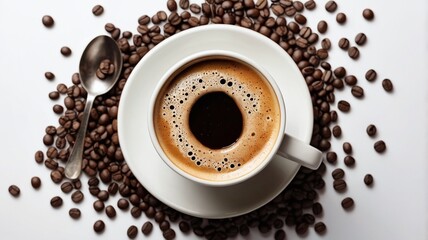 coffee cup on a white background, coffee cup/mug with hot black coffee, top view