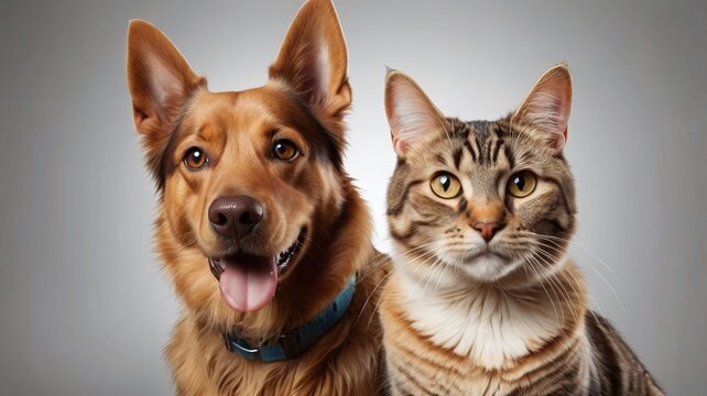 Portrait of Happy dog and cat that looking at the camera together isolated on transparent background, friendship between dog and cat, amazing friendliness of the pets.