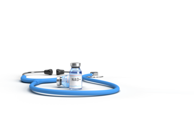 Nad+ drug chemical ageing nad science medical health chemistry molecular stethoscope copy space white background healthcare research vitamin disease nad+ bottle recovery injection body care therapist 