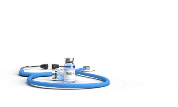Nad+ drug chemical ageing nad science medical health chemistry molecular stethoscope copy space white background healthcare research vitamin disease nad+ bottle recovery injection body care therapist 