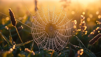Dewdrops glisten on spider web in field at sunrise. Nature is vibrant and delicate. Morning light illuminates intricate design of web. Grass and flowers are visible. Tranquil and beautiful scene.