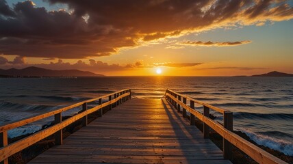 A wooden pier extends into a tranquil ocean at sunset, with dramatic clouds.