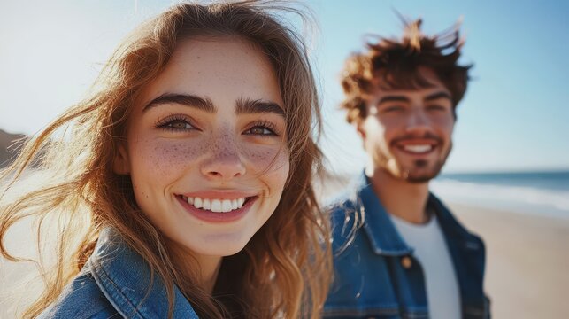 Young couple enjoys sunny day at the beach with denim jackets and joyful smiles