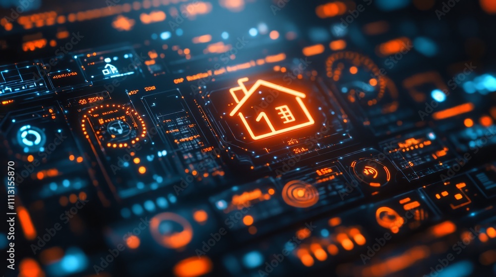 Poster holographic smart home control interface displaying various functions and settings