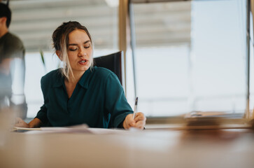 A young businesswoman in a teal shirt is actively engaged in a discussion, holding a pen, during a...