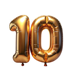 Shiny golden number 10 balloon on transparent background