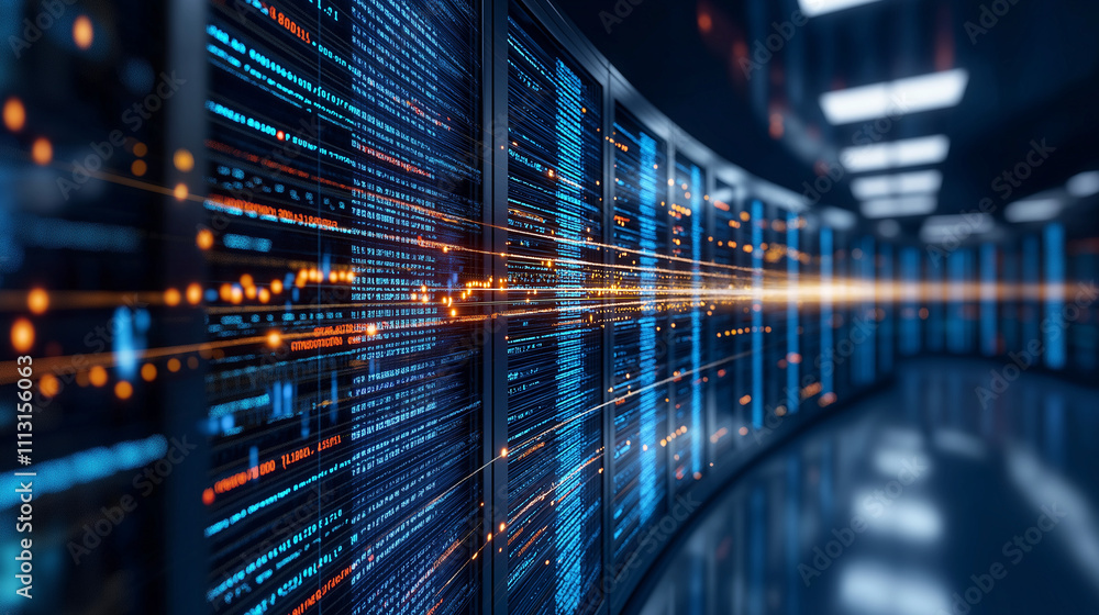 Poster data stream: a futuristic server room pulses with vibrant data streams, showcasing the power and spe