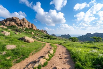 Naklejka premium Scenic landscape with a winding path through green hills and rocks.
