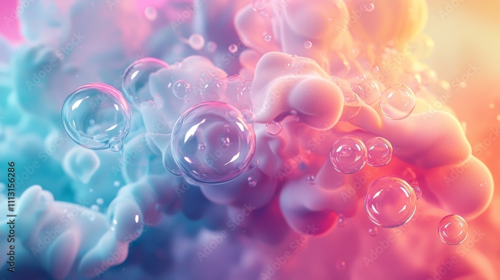 Poster abstract soft pastel bubbles and clouds in dynamic motion