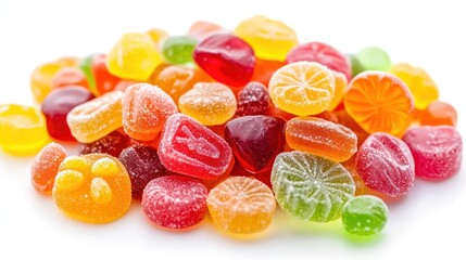 A pile of colorful hard candy and pastries lay on a white background