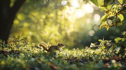 Obraz premium A chipmunk scurrying across the ground in a lush green garden, with sunlight filtering through the trees