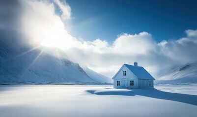 Photo of a small house in the middle of a snowy landscape with snow-covered mountains and sea under a blue sky