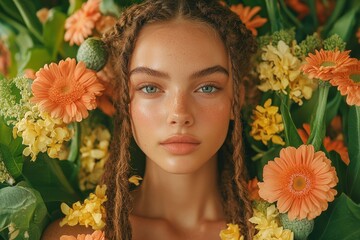 Sustainable fashion campaign featuring vibrant flowers and a model
