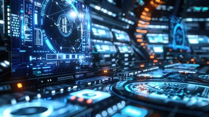 Obraz premium A futuristic control panel glows with blue and orange lights, featuring advanced holographic displays, intricate digital interfaces, and high-tech designs, evoking a sci-fi setting or command center.