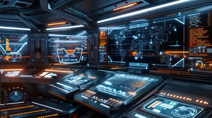Obraz premium A futuristic control panel glows with blue and orange lights, featuring advanced holographic displays, intricate digital interfaces, and high-tech designs, evoking a sci-fi setting or command center.