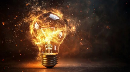 Illuminated light bulb surrounded by fiery sparks on a dark background