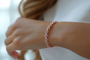 Elegant woman showcases rose gold bracelet adorned with delicate gemstones in soft lighting