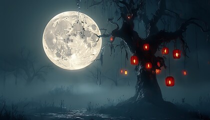 full moon illuminating a ghostly tree with hanging lanterns