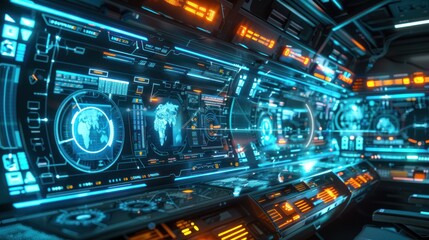 Obraz premium A futuristic control panel glows with blue and orange lights, featuring advanced holographic displays, intricate digital interfaces, and high-tech designs, evoking a sci-fi setting or command center.