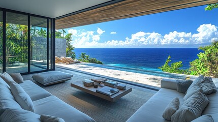 Fototapeta premium Luxurious beachfront living room with panoramic ocean views.