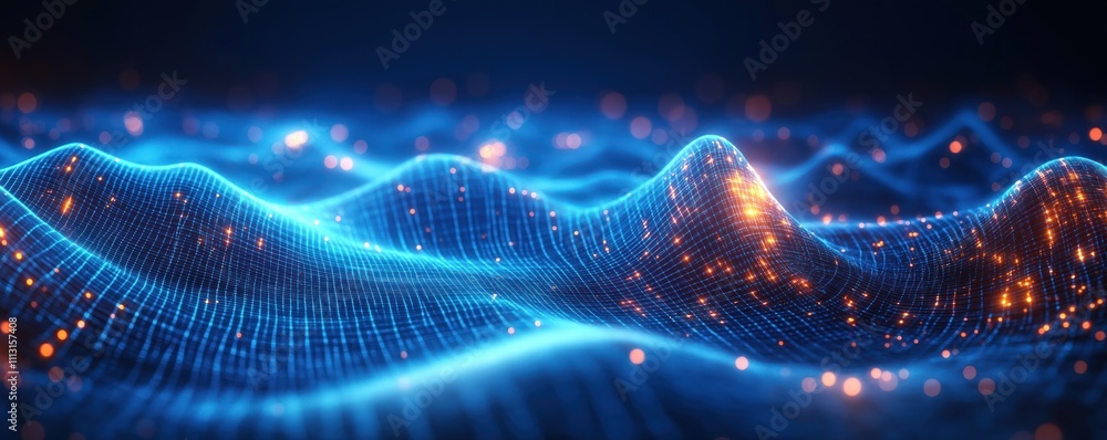 Poster abstract illustration shows glowing waves of data network. blue grid lines form pattern of smooth hi