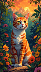 Obraz premium a painting of a cat in a garden of flowers