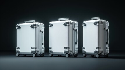 Three detailed views of a sleek silver white suitcase in high resolution