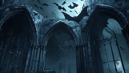 gothic arches with flying bats and dark shadows
