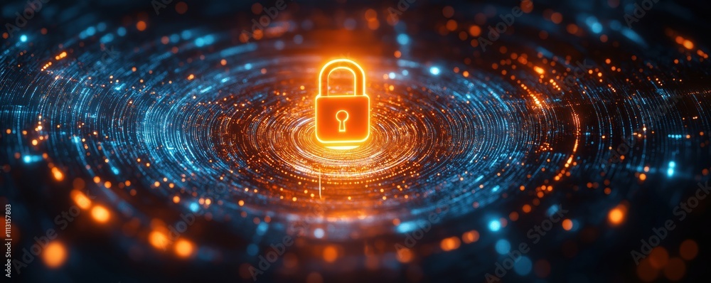 Poster abstract graphic design shows glowing lock. data stream creates circular pattern around lock. digita