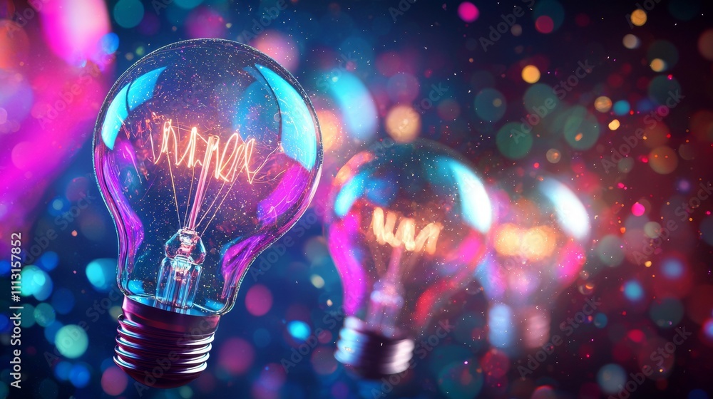 Poster glowing light bulbs with colorful bokeh in the background