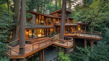 Fototapeta premium Modern treehouse home nestled in lush forest with multiple decks and balconies.