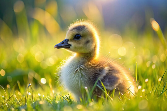 Adorable fluffy gosling in morning sunlight, sitting in dewy grass.