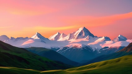 Fototapeta premium Majestic snow capped mountains at sunset over green hills