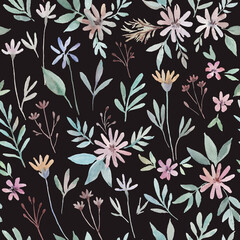 Cute delicate floral pattern with pink flowers and plants.Hand-drawn watercolor illustration.