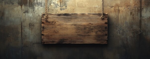Old wooden sign hanging on a grunge concrete wall background