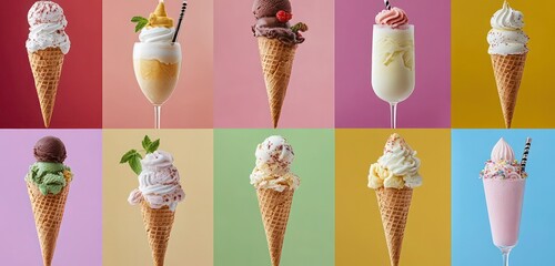 Collage of various ice cream cones, milkshakes, and sundaes, creating a refreshing and colorful dessert scene.