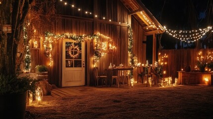 Rustic New Year Eve party with farmhouse and warm, festive lighting