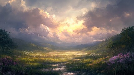 Obraz premium Serene valley, sunset sky, wildflowers bloom.