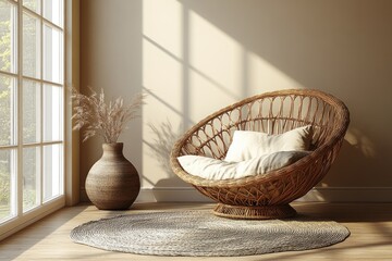 Fototapeta premium Sunlit room with wicker chair, rug, and vase.