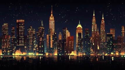 Obraz premium Skyline with iconic buildings illuminated in New Year Eve lights, celebrating the transition to a new year